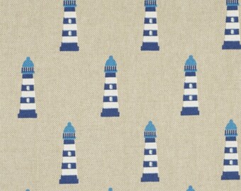 Dekostoff maritim - Leuchtturm ca 5cm in blau auf natur - als Taschenstoff oder Vorhangstoff