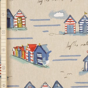 Cotton mix fabric beach houses maritime blue white red yellow on natural Emma image 4