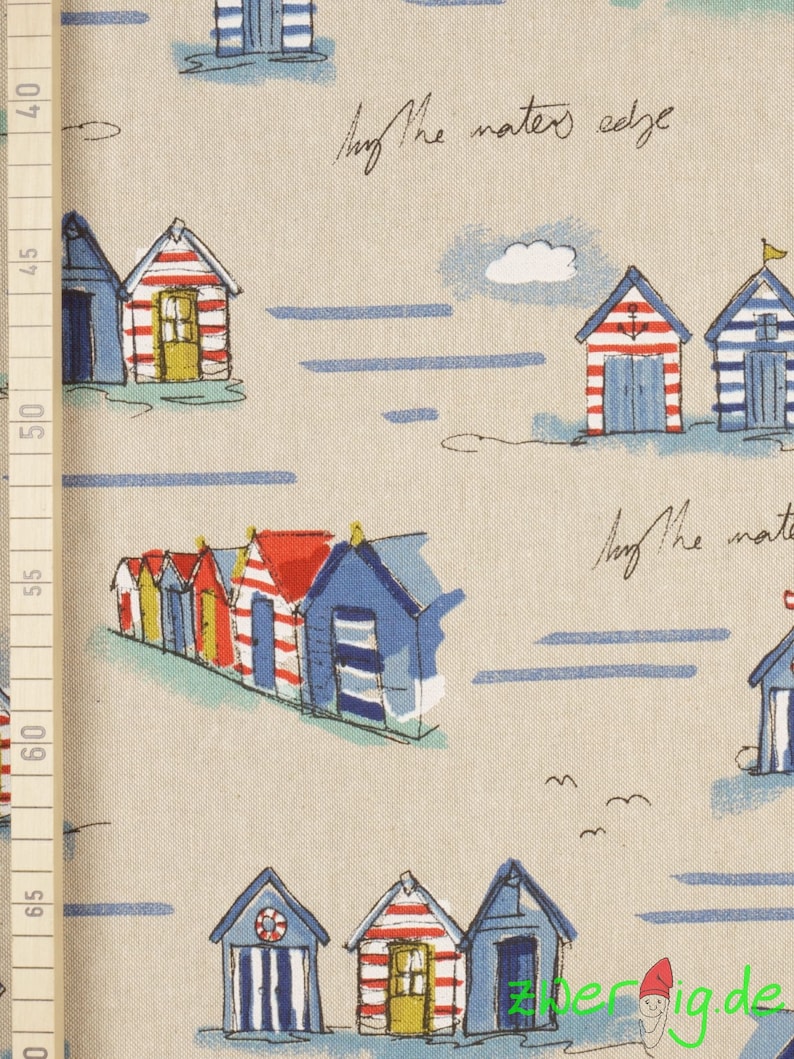 Cotton mix fabric beach houses maritime blue white red yellow on natural Emma image 4