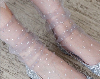 Silvery Grey Moon and Stars Tulle Socks- Silver Slipper