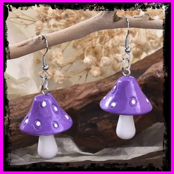 Purple Mushroom Earrings Cottage Core Witchy Fae Tik tok