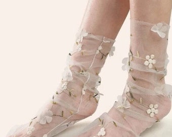 Milky Quartz Peony Floral Tulle Socks/ Sheer Socks/ Bridal Socks/ Rave Socks/ E