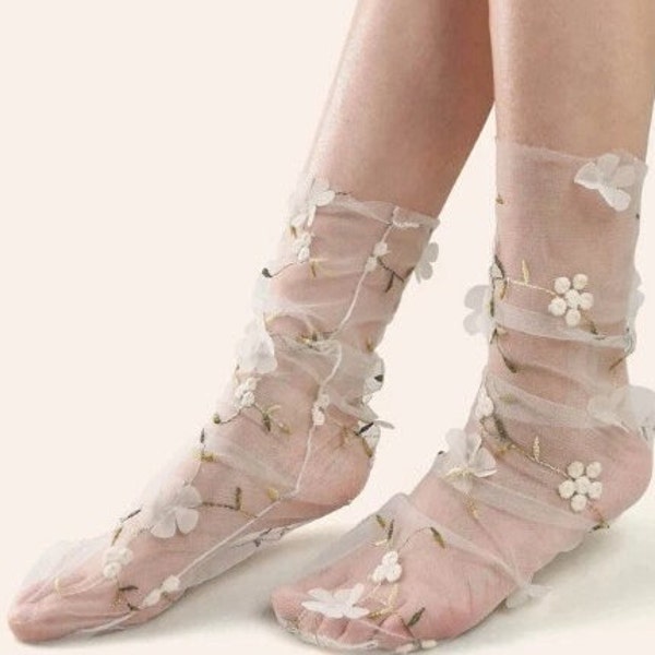 Milky Quartz Peony Floral Tulle Socks/ Sheer Socks/ Bridal Socks/ Rave Socks/ E