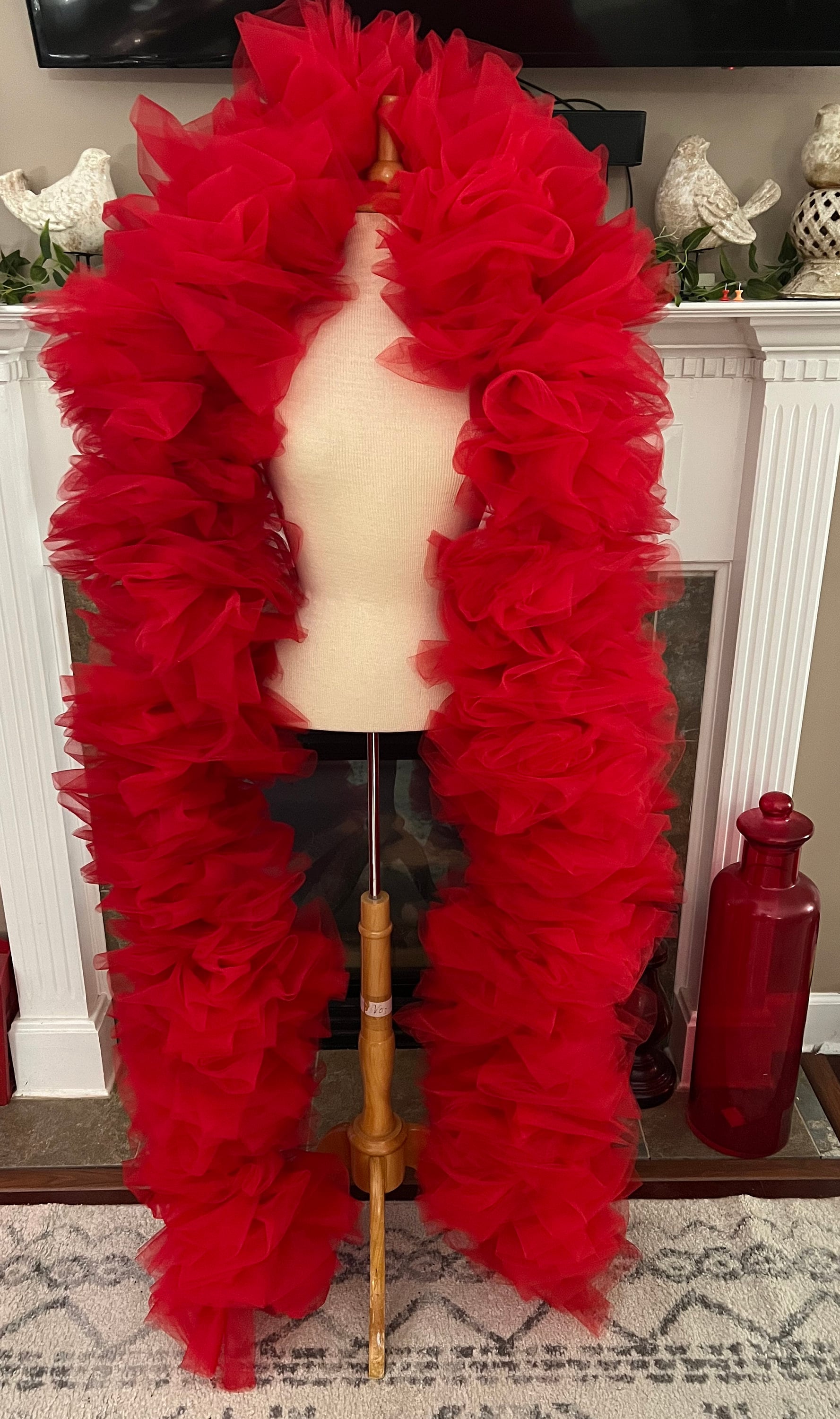 White Christmas Organza Boa with Red Lace Trim