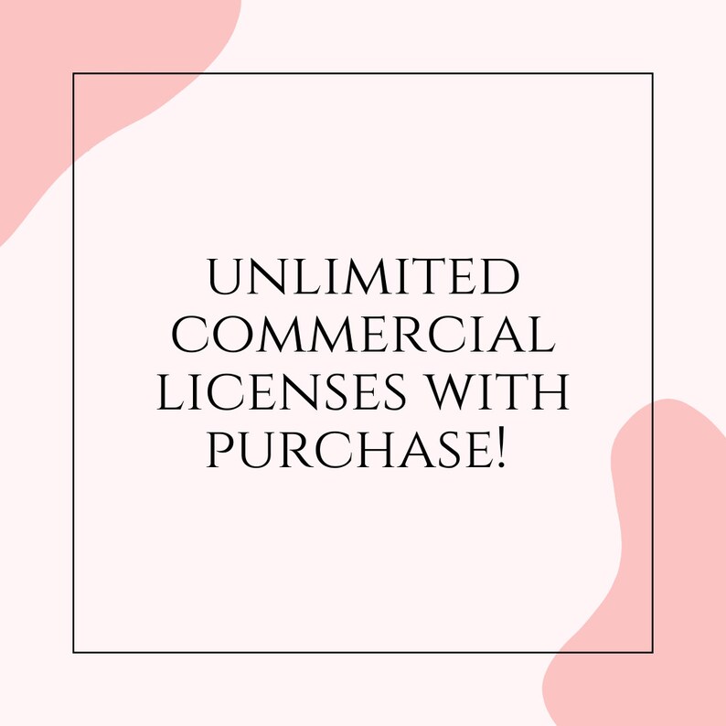 Puede incluir: Imagen cuadrada con fondo rosa claro y borde negro. El texto "UNLIMITED COMMERCIAL LICENSES WITH PURCHASE!" est&aacute; centrado en negro, con formas rosas abstractas en las esquinas.