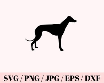 May include: A black silhouette of a Greyhound dog in a standing pose, facing right. The dog has a slender body, long legs, and a curved tail. The image is set against a light pink background. Below the image, the text reads "SVG / PNG / JPG / EPS / DXF".