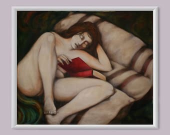 Woman Reading-Female nude, Oil Painting, fine art, portrait, figure painting, print, drawing, female, decor, home, office, art, artwork
