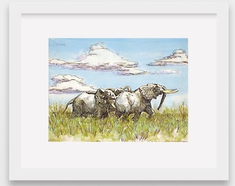 Elephants, Print, Color, Drawing, Illustration, Etching, home, office, decor, wall art, art, artwork, fun, pen, Ink