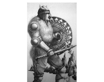 Thor Viking Warrior - Impresión, dibujo, ilustración, grafito, lápiz, macho, hogar, oficina, decoración, arte de pared