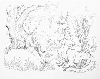 Girl and the Dragon - Drawing, Print, illustration, graphite, pencil, archive paper,home, office, decor, art, coloring book