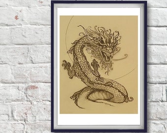 Asian Dragon, Print, Black & white, Graphite, Pencil, Drawing, Illustration, Mixed Media, home, office, decor, wall art, art, artwork, fun