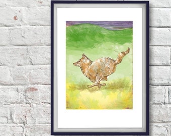 Running Coyote, Print, Color, Drawing, Illustration, etching, home, office, decor, wall art, art, artwork, fun