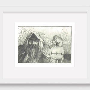 Wizard & Orb - Black and White, Print, Drawing, Illustration, Mixed Media, home, office, decor, wall art, art, artwork, fun, pencil