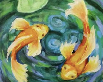 Koi Pond Print - Koi Fish Art - Yin and Yang Art - Gold Koi Fish Painting - Lily Pad Art - Koi in Pond Print - Fish Print - Meditation Art