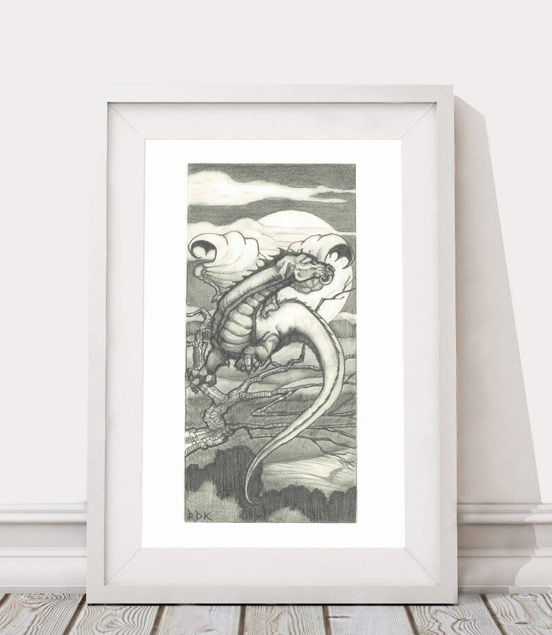 Print office Black /& white Illustration wall art Mixed Media Night Dragon decor art Pencil artwork Graphite home Drawing fun