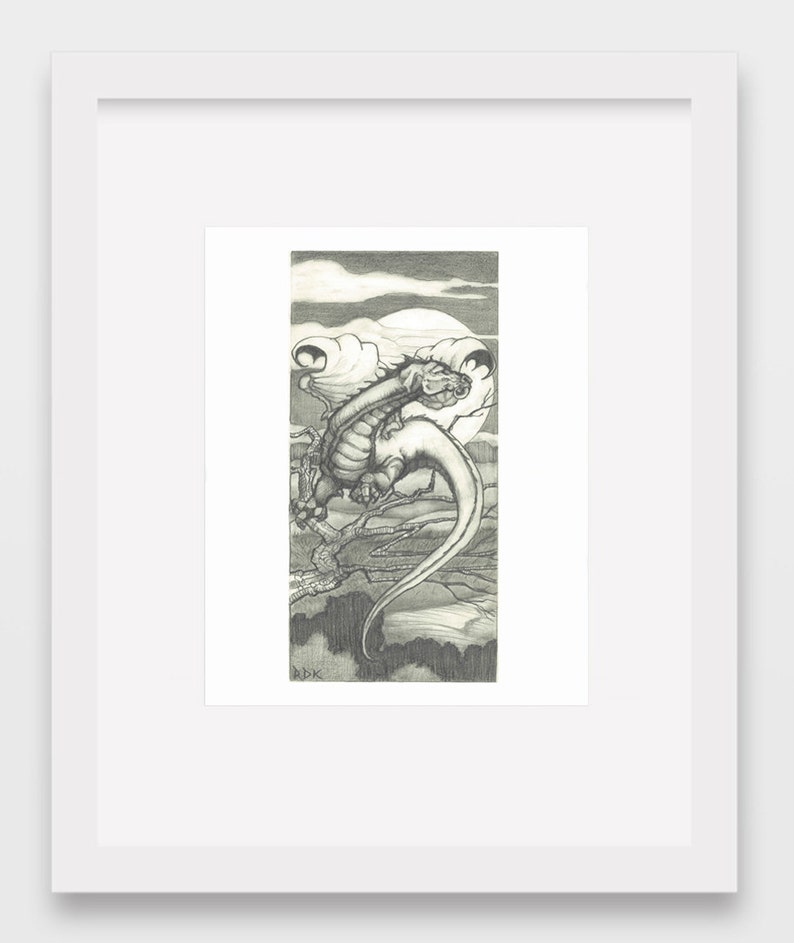 Print office Black /& white Illustration wall art Mixed Media Night Dragon decor art Pencil artwork Graphite home Drawing fun