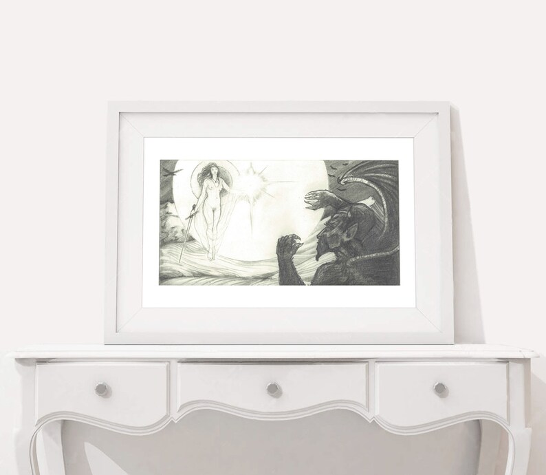 Black and White art decor Angel /& Demon wall art artwork office Drawing Print home pencil Illustration graphite fun