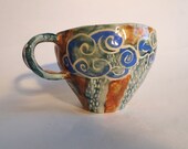 Handmade pottery mug with yellow sun face, ceramic creature coffee cup and tea, housewarming gift, handmade pottery art