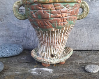 Serene Green and White Striped Hand-Crafted Planter with Attached Saucer