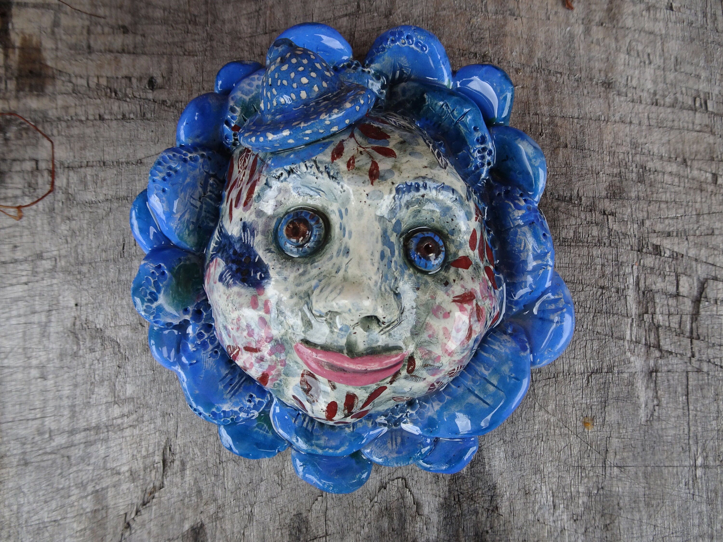 Handmade Ceramic Blue Flower Sculpture With Charming Face and Etsy
