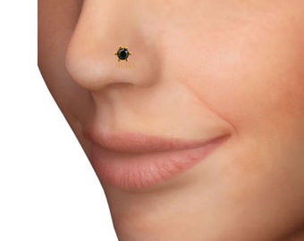 Natural Black diamond Certified Solitaire Nose Stud with 18 kt gold. Diamond (Black, 0.18 cts) Nose ring in gold. Black Diamond nosering.