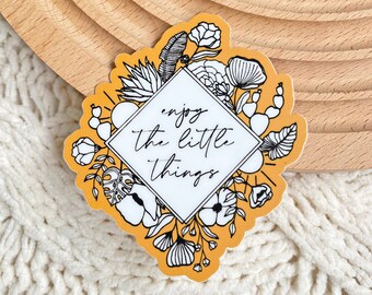 Enjoy the little things 2.7x3 in. - Vinyl sticker Yellow Sun Sunrise Cactus Florals Modern Boho Sticker Removable Waterproof Dishwasher safe