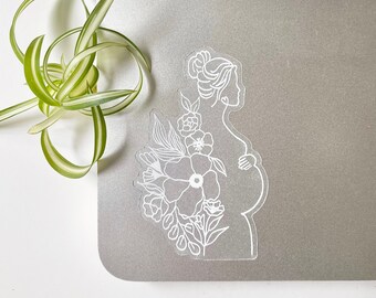 Boho Pregnancy Sticker 1.9x3 in. - Vinyl sticker Floral Pregnant Woman Outline Modern Boho Sticker Removable Waterproof Dishwasher safe