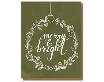Merry & Bright Ornament Christmas Card - Green Holiday card hand painted holly acorn modern Christmas greeting cards