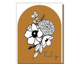 Mustard Thank You Bouquet Greeting Card - Bohemian Mustard Yellow Floral Line Art Card