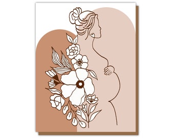 Boho Pregnancy Greeting Card - Modern Bohemian Baby Shower Card Floral Boho Line Art Female Figure Drawing