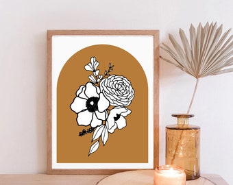 Modern Florals on Ochre Art Print - Hand Drawn flowers bohemian decor Neutral Home decor Minimalist art botanical art mustard yellow