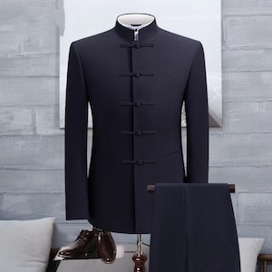 Two Color Blue&Black Men's Cheongsam Chinese Tang Suit Frog Button Jacket and Pants Chinese Wedding Bridegroom Suit