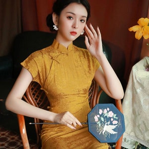 Yellow Cheongsam Dress, Modern Chinese Qipao Dress, Frog Button
