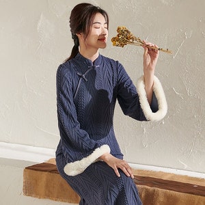 Loose Blue Chenosam Cotton Qipao Dress Winter Dress Chinese Hanfu