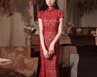 Customized Available Morden Qipao dress,Hollow Chinese Red Wedding Cheongsam/ Ball gown