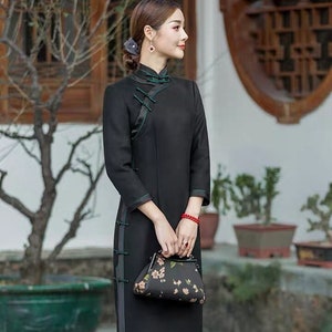 Winter Wool and Silk Qipao Wool Dress With Silk Lining Black Chenogsam