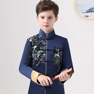 Boy's Suit, Ring Bearer Suit, Kids Cheongsam Blue Jacket, Chinese New Year Clothes for Boys