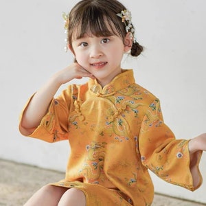 Yellow Dragon Pattern Cheongsam Chinese Girl's Dress Qipao Dress