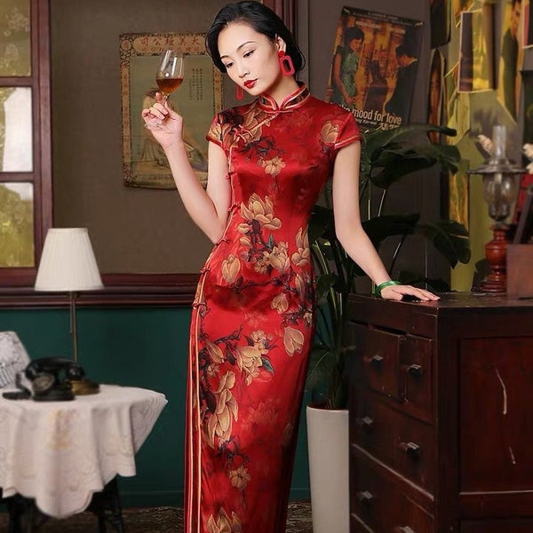 robe Qipao rouge en soie vintage, robe Qipao traditionnelle, robe de cérémonie du thé, taille plus