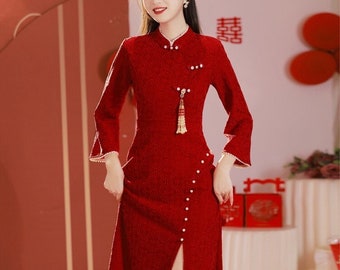 Traditional Customized Available Red Tea Ceremony Cheongsam Dress Chinese Wedding Qipao Dress Mandarin Collar Dance Dress