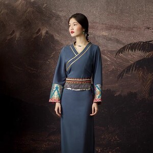 Blue Long Dress Wrap Dress Blue Floor Dress Tibetan clothes, Chinese style dress