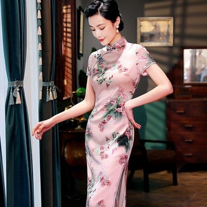 Silk Pink Cheongsam Modern Qipao Dress Chinese Traditional Long Dress