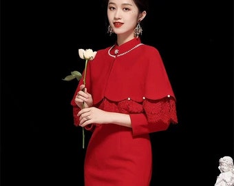 Red Chinese Cheongsam Dress Traditional Qipao Tea Ceremony Dress 90s Prom Dress