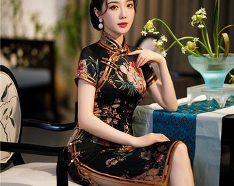 Below knee Cheongsam, Chinese Traditional qipao dress, Vintage printed dress