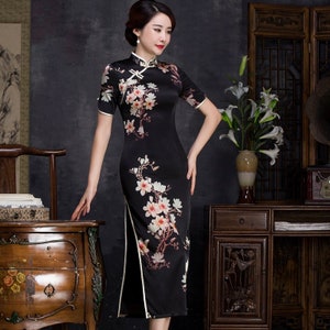 Black Silk Cheongsam Dress Modern Qipao Chinese Silk Dress