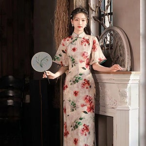 Summer Cheongsam Dress Chinese Qipao Oil Painting Pattern image 1