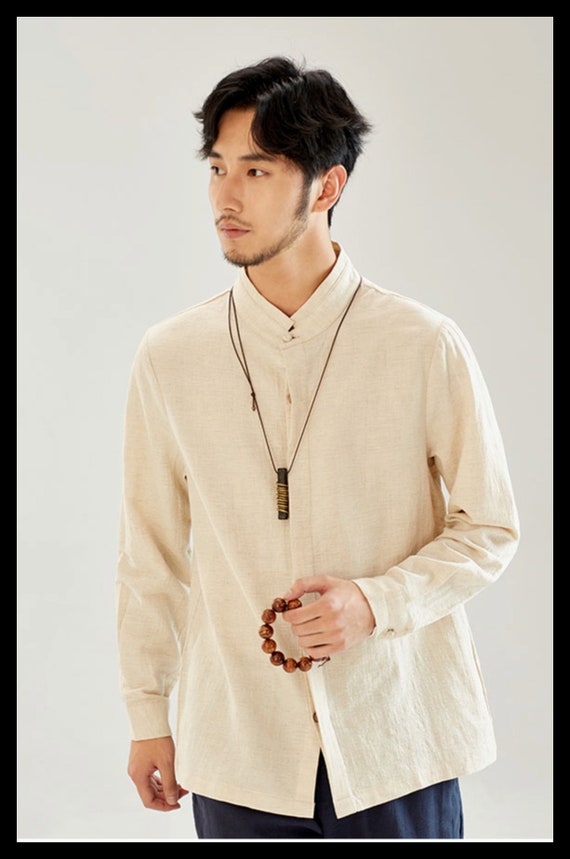 Men Linen Cotton Shirt Tops Mandarin Collar Slim Chinese T-shirt Pullover  Solid