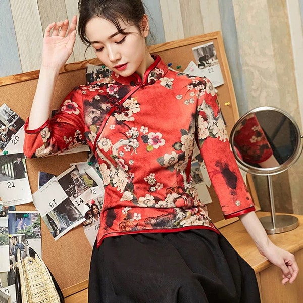 Blue Red Linen Qipao Cheongsam T-Shirt Top