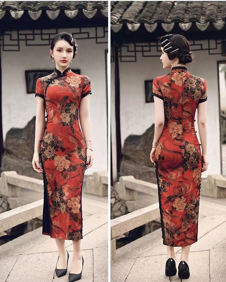 UK stock CHERRY Blossom Chinois longue soirée vintage robe cheongsam 