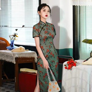 Vintage Qipao/ Chinese Cheongsam Dress/ Green Floral Dress - Etsy